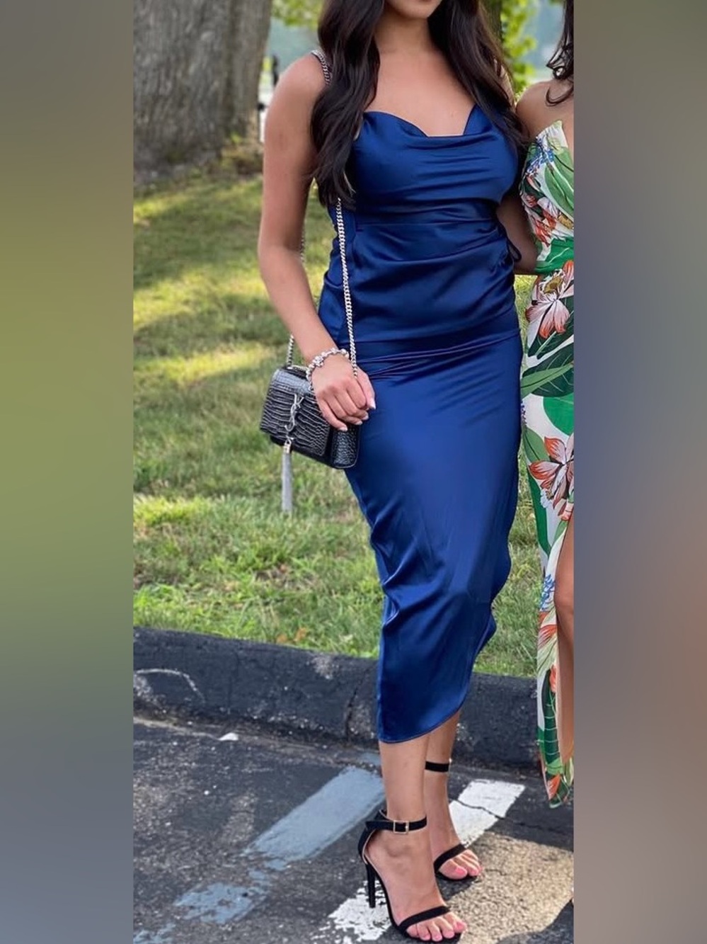 Fashion Nova Royal Blue Satin Cowl Midi Dress